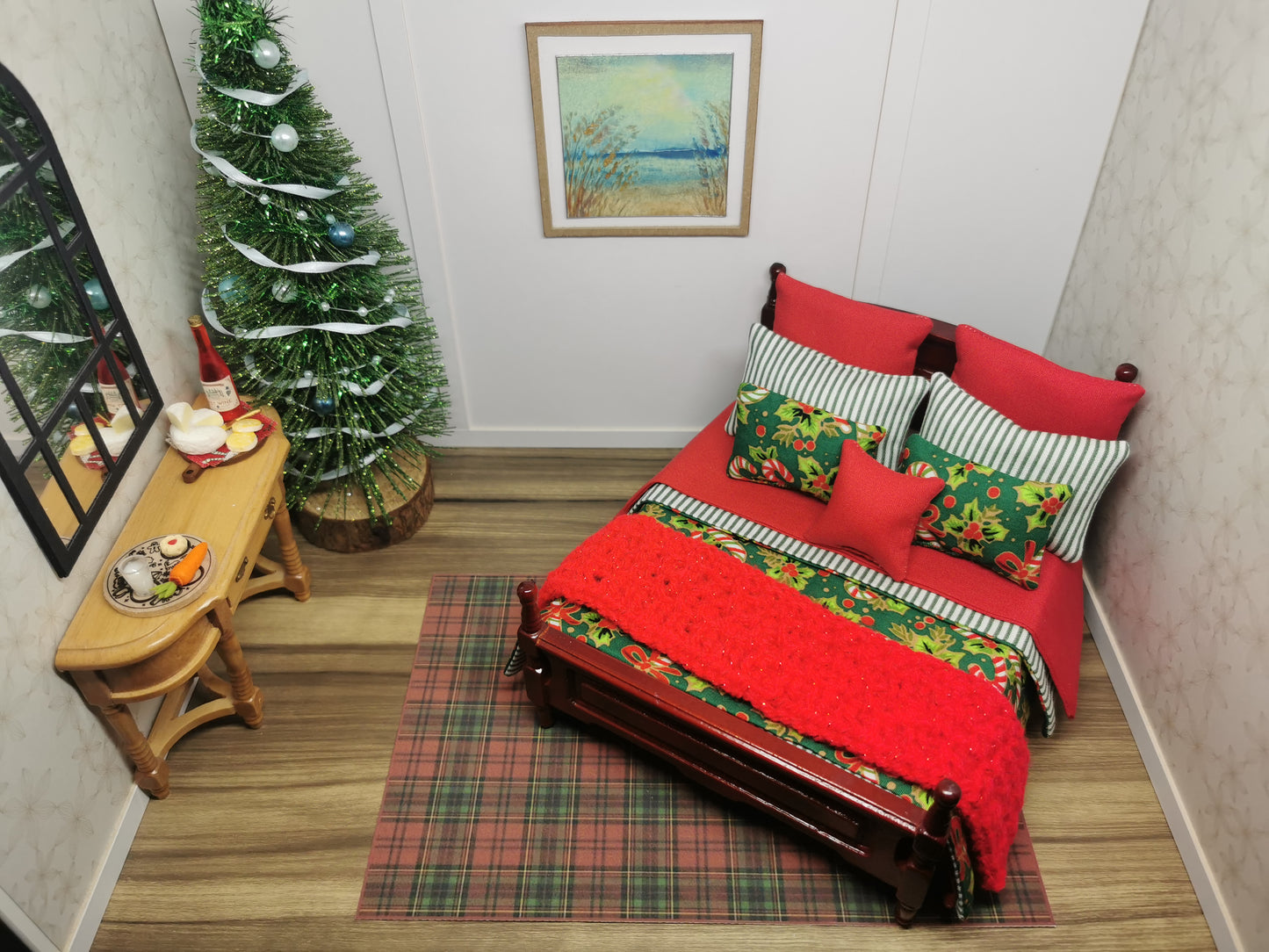 Green Candy Cane Christmas Dressed Bed | 1:12th Scale | Handmade