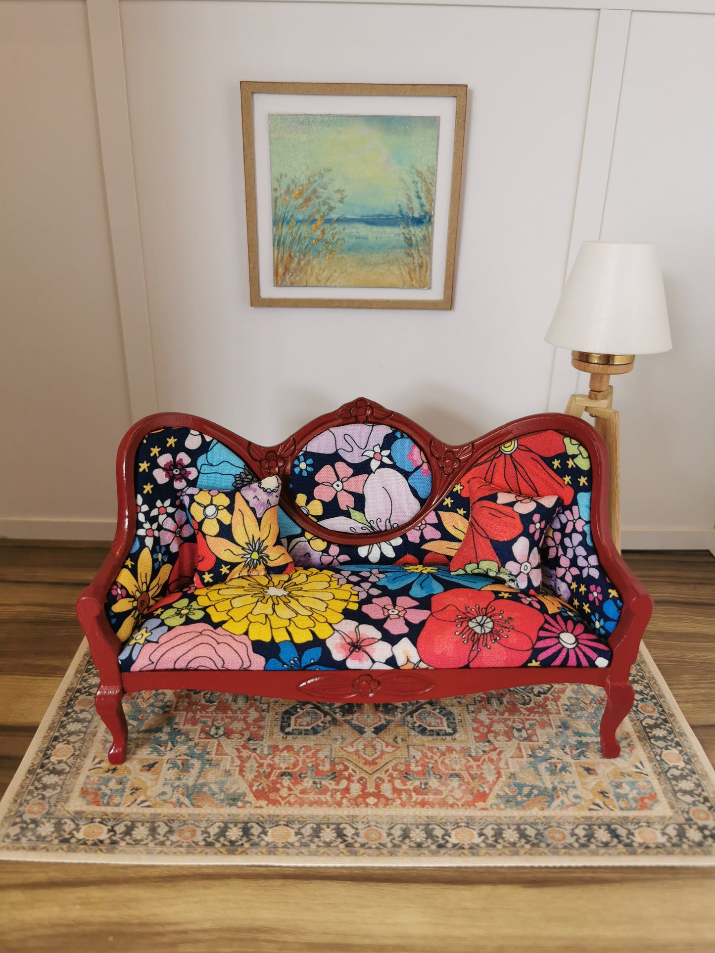 Sofa in Red & Navy Bright Floral | 1:12th Scale