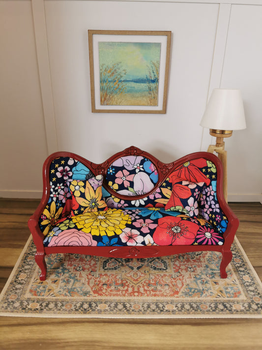 Sofa in Red & Navy Bright Floral | 1:12th Scale