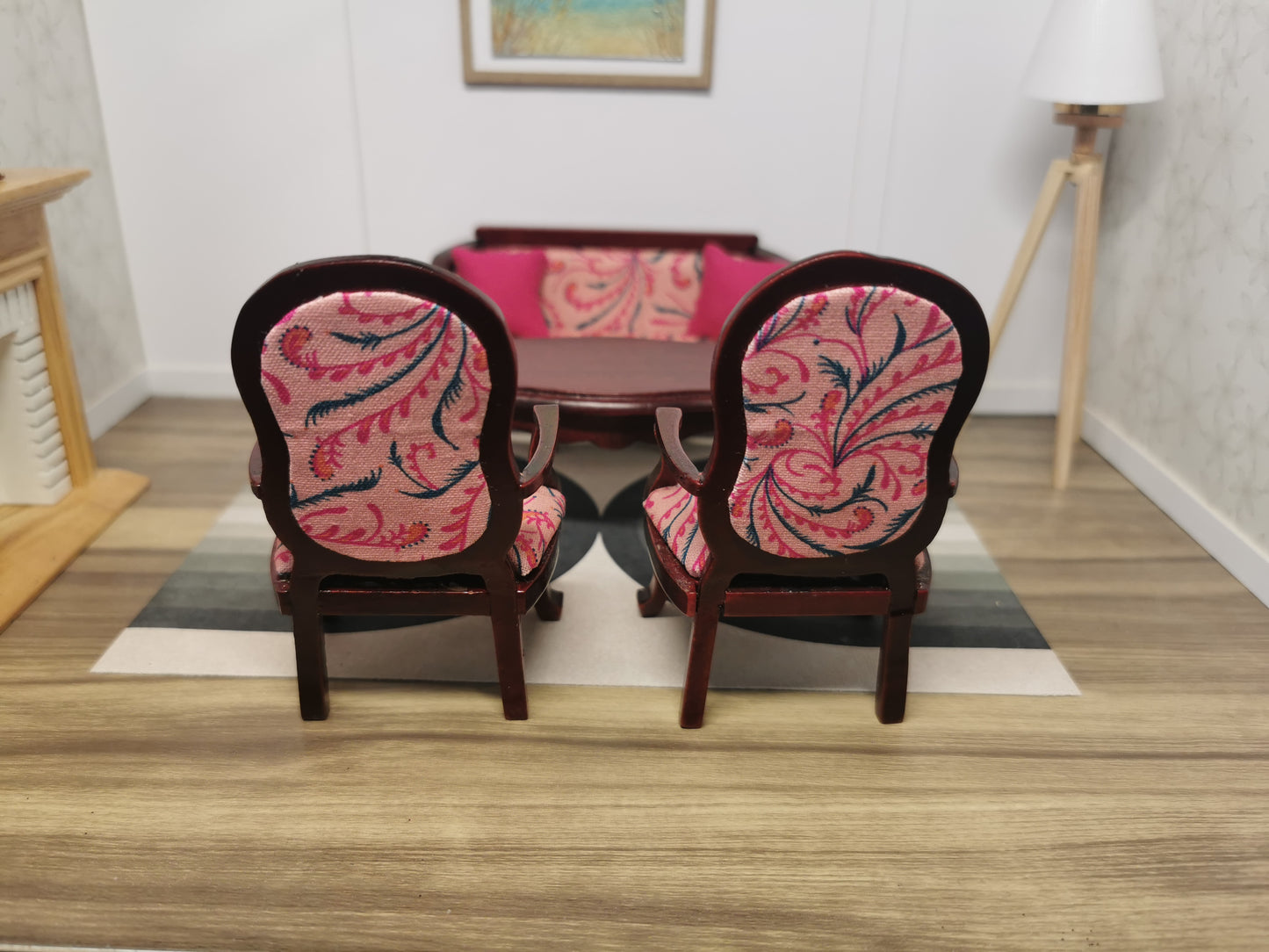 Mahogany Bench & Chairs Set in Pink Floral Print Fabric | 1:12th Scale | Hand Finished