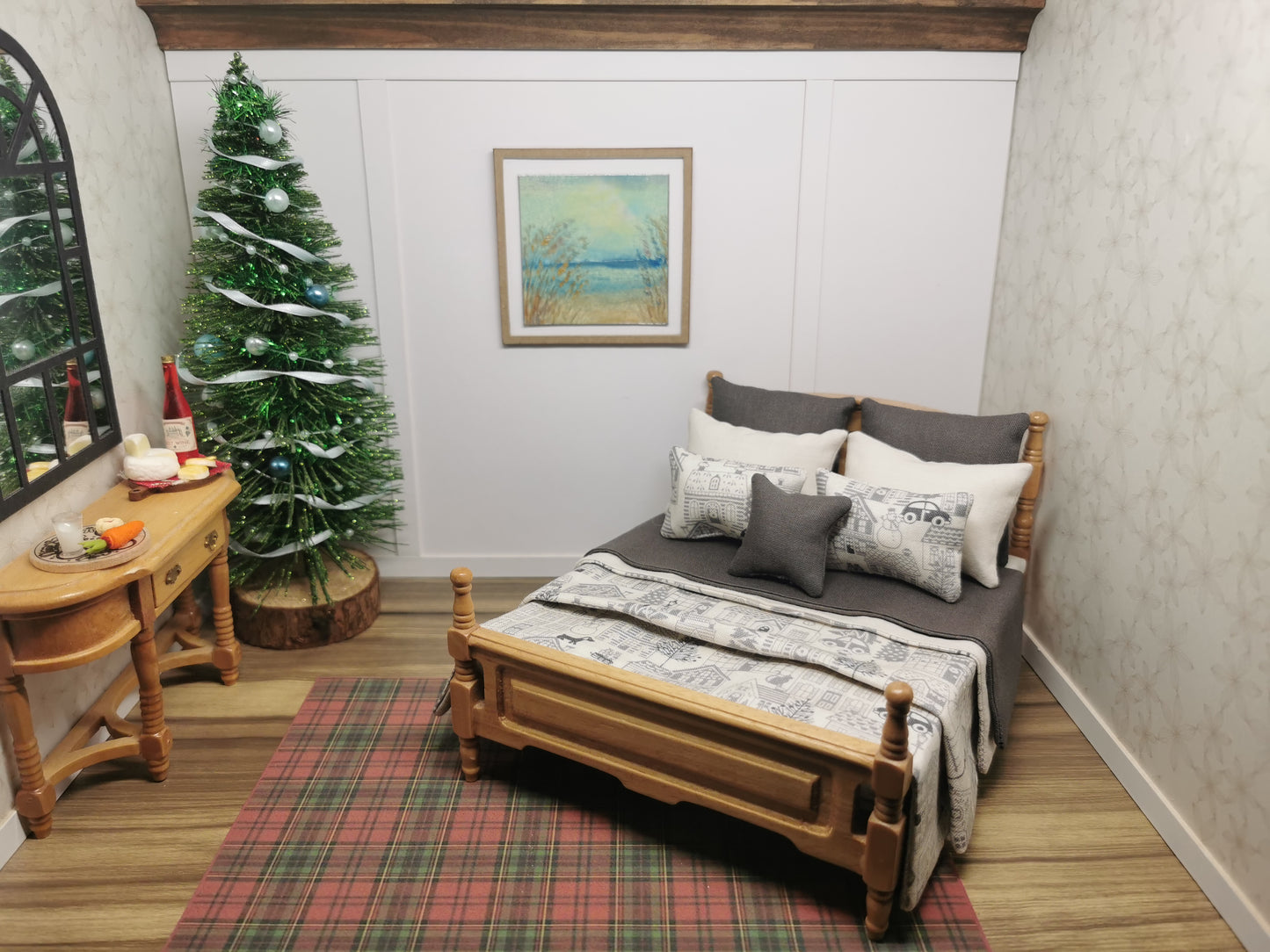 Grey & Cream House Christmas Double Bed Linen Set | 1:12th Scale | Handmade