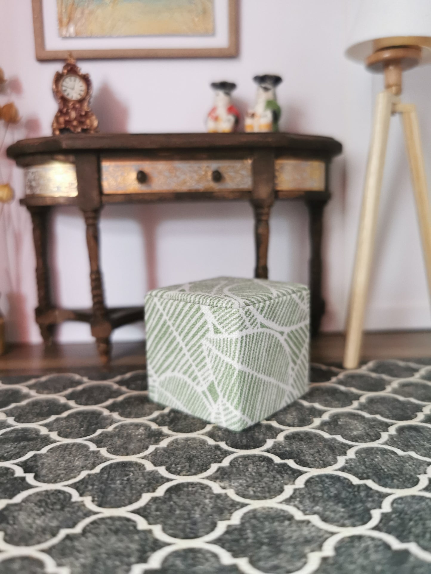 Green/White Leaf Print Cube Foot Stool | 1:12th Scale | Hand Finished