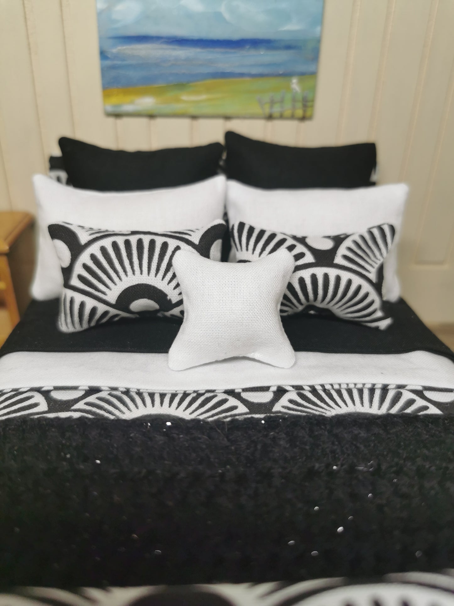 Double Bed in Black & White Fan Print | 1:12th Scale | Handmade