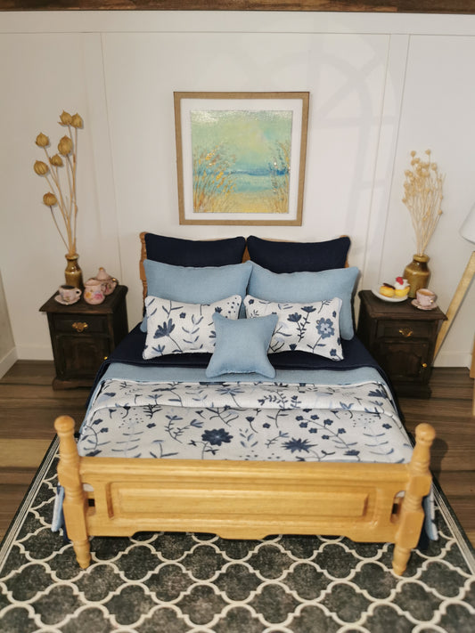 White/Navy/Blue Floral Print Bed Linen | 1:12th Scale | Set of 9 | Handmade