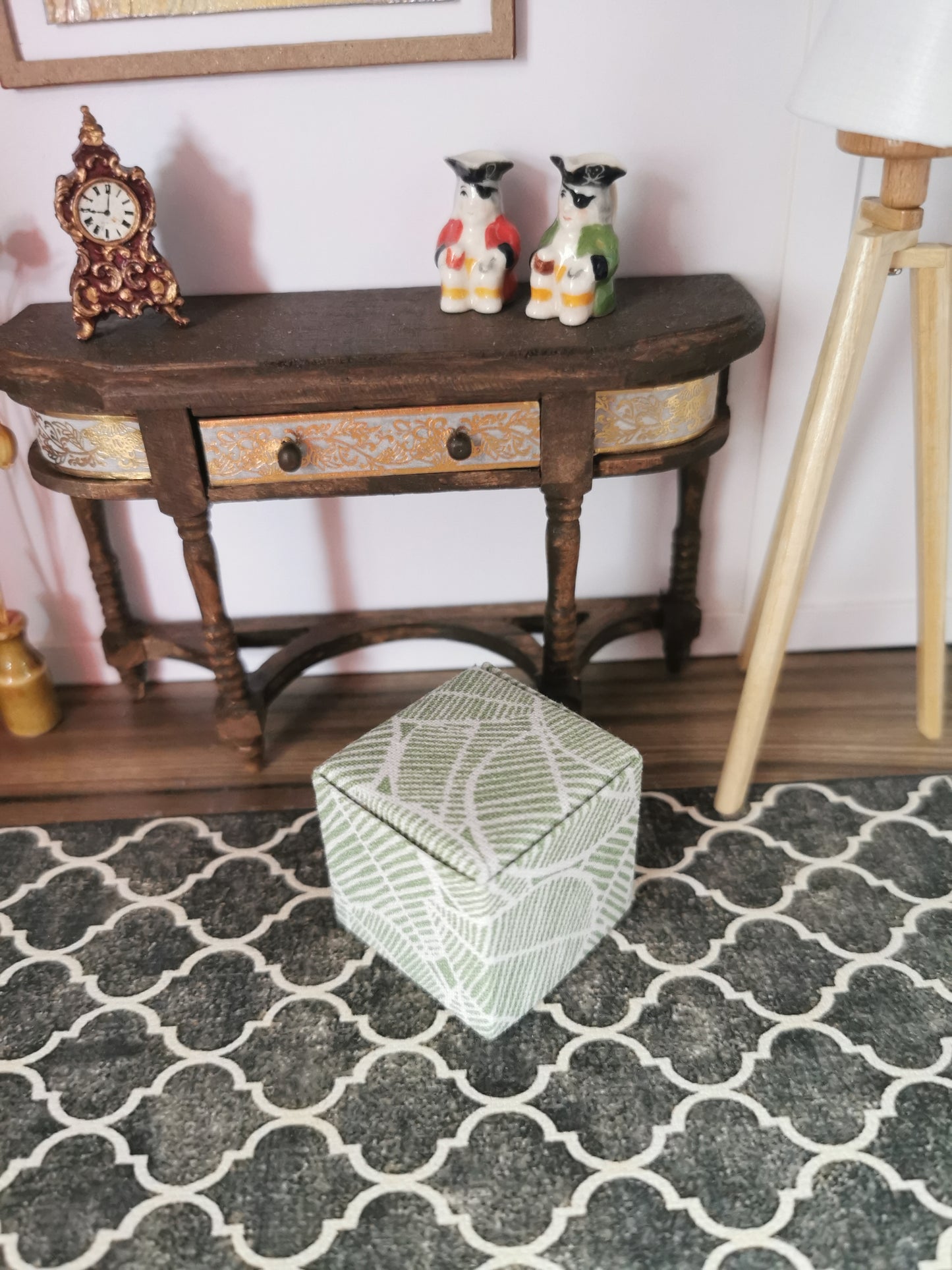 Green/White Leaf Print Cube Foot Stool | 1:12th Scale | Hand Finished