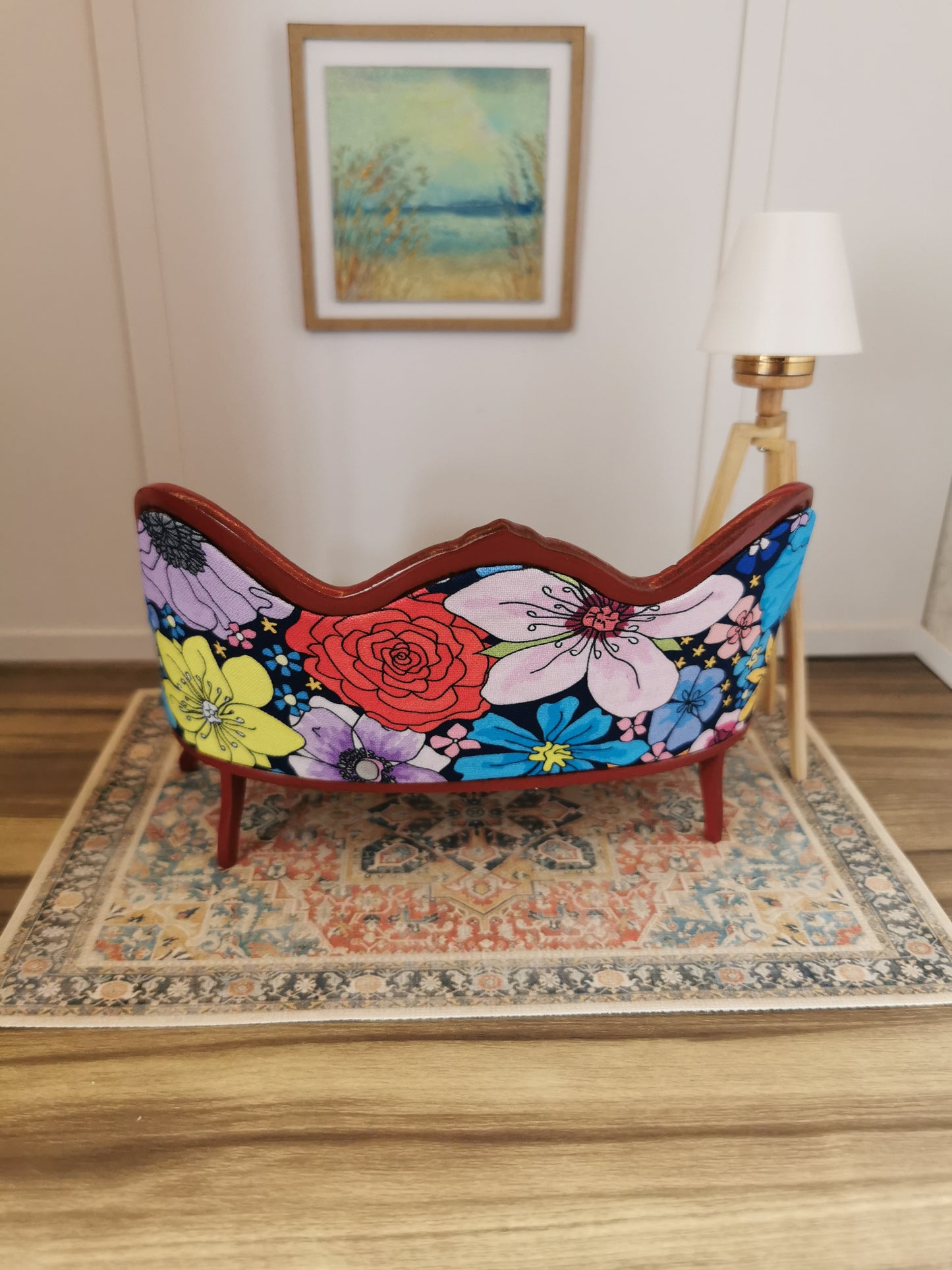 Sofa in Red & Navy Bright Floral | 1:12th Scale