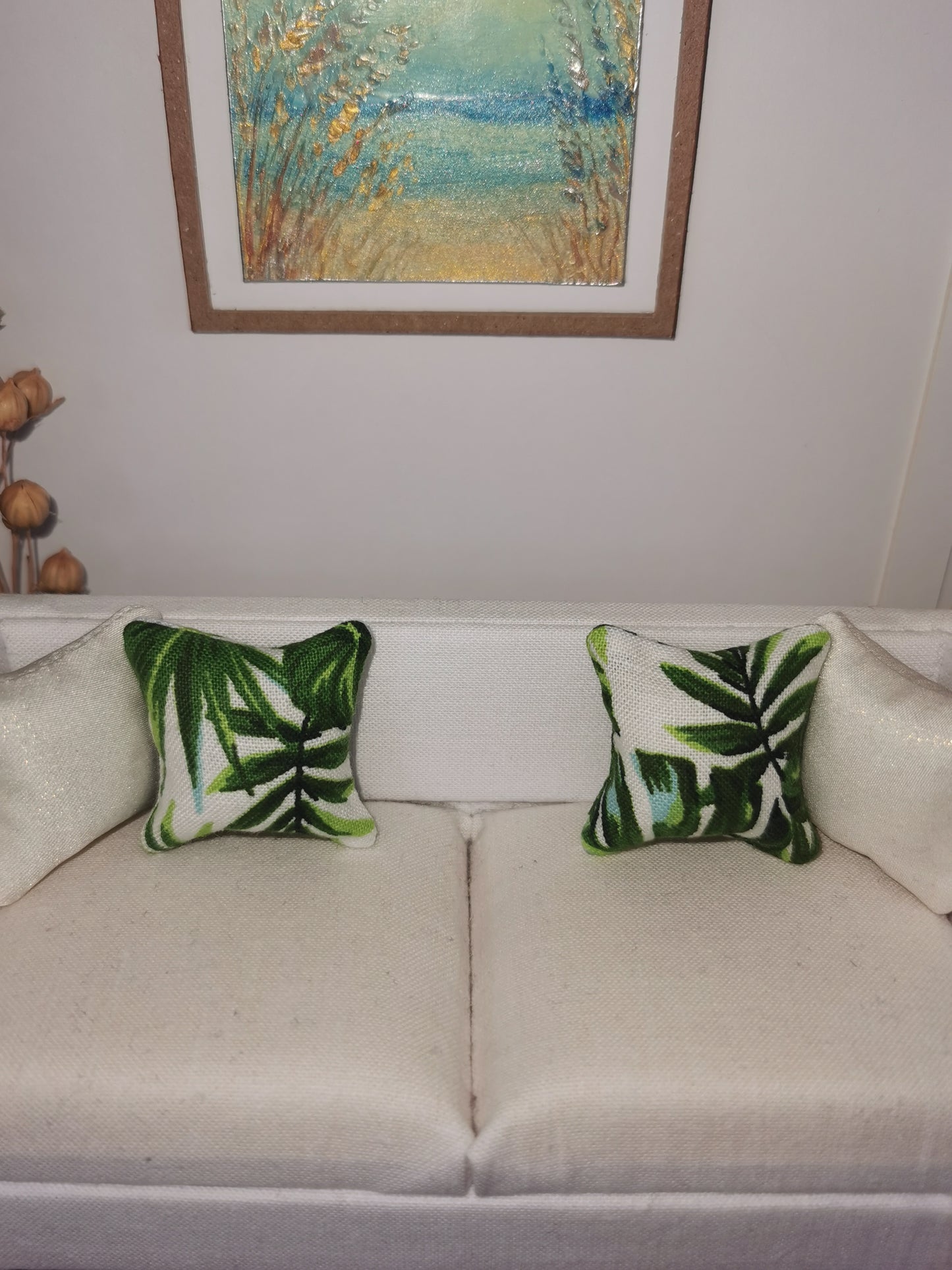 Green/White Leaf Print Cushion | 1:12th Scale | Handmade