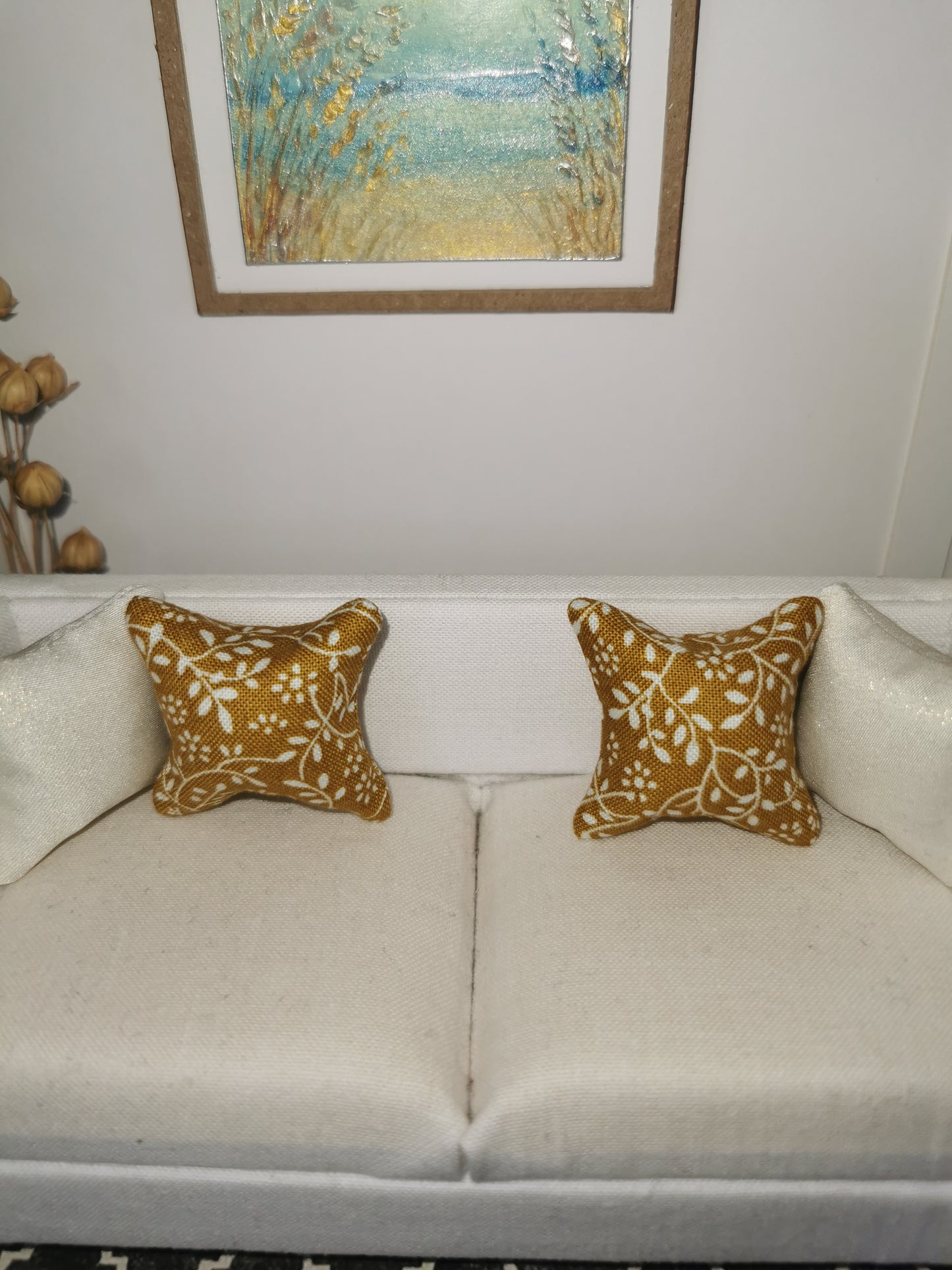 Mustard/White Vine Print Cushion | 1:12th Scale | Handmade