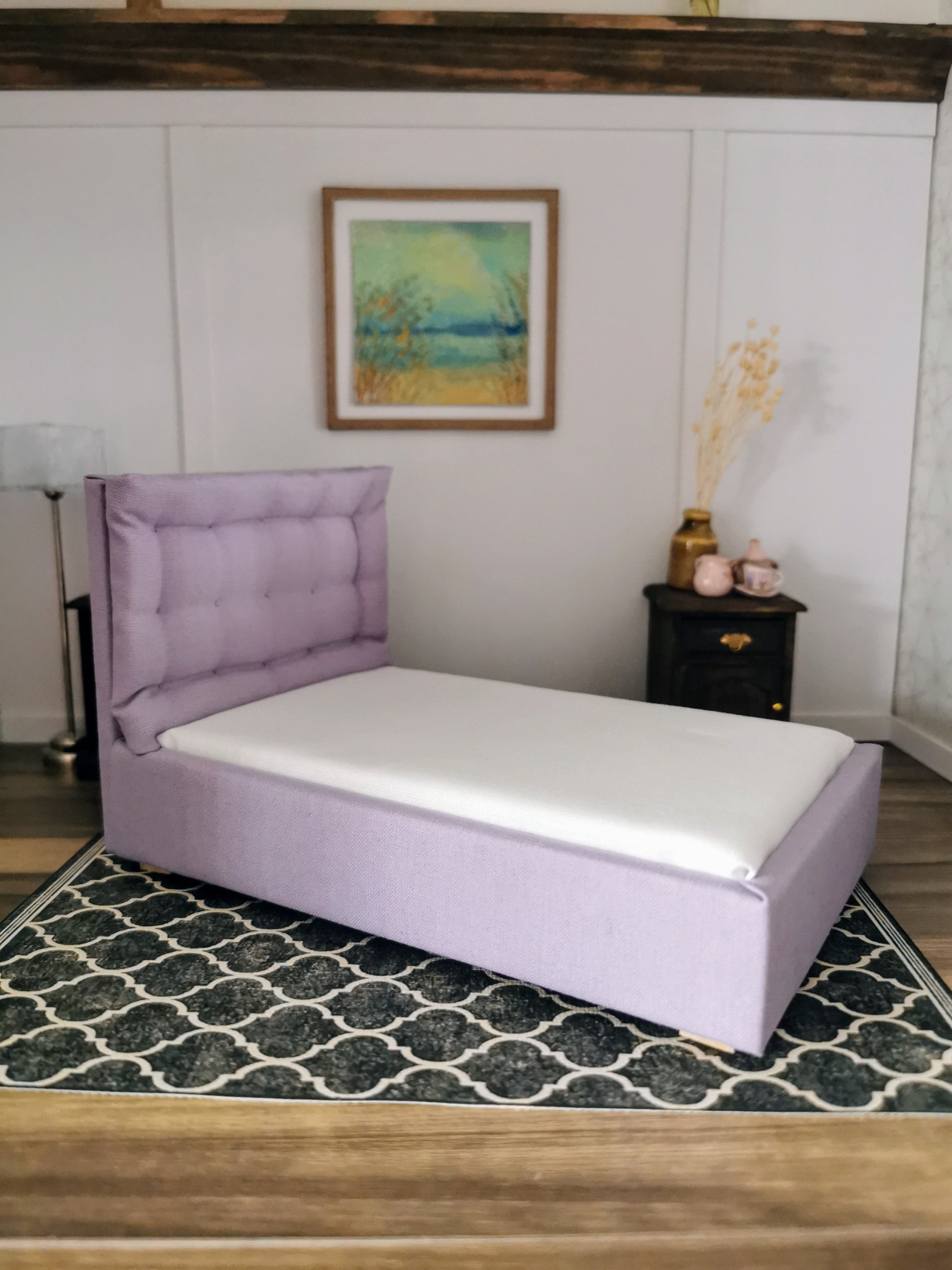 Single Bed with Tufted Headboard in 1:12th Scale | Made To Order | Handmade - ZJ Miniatures 