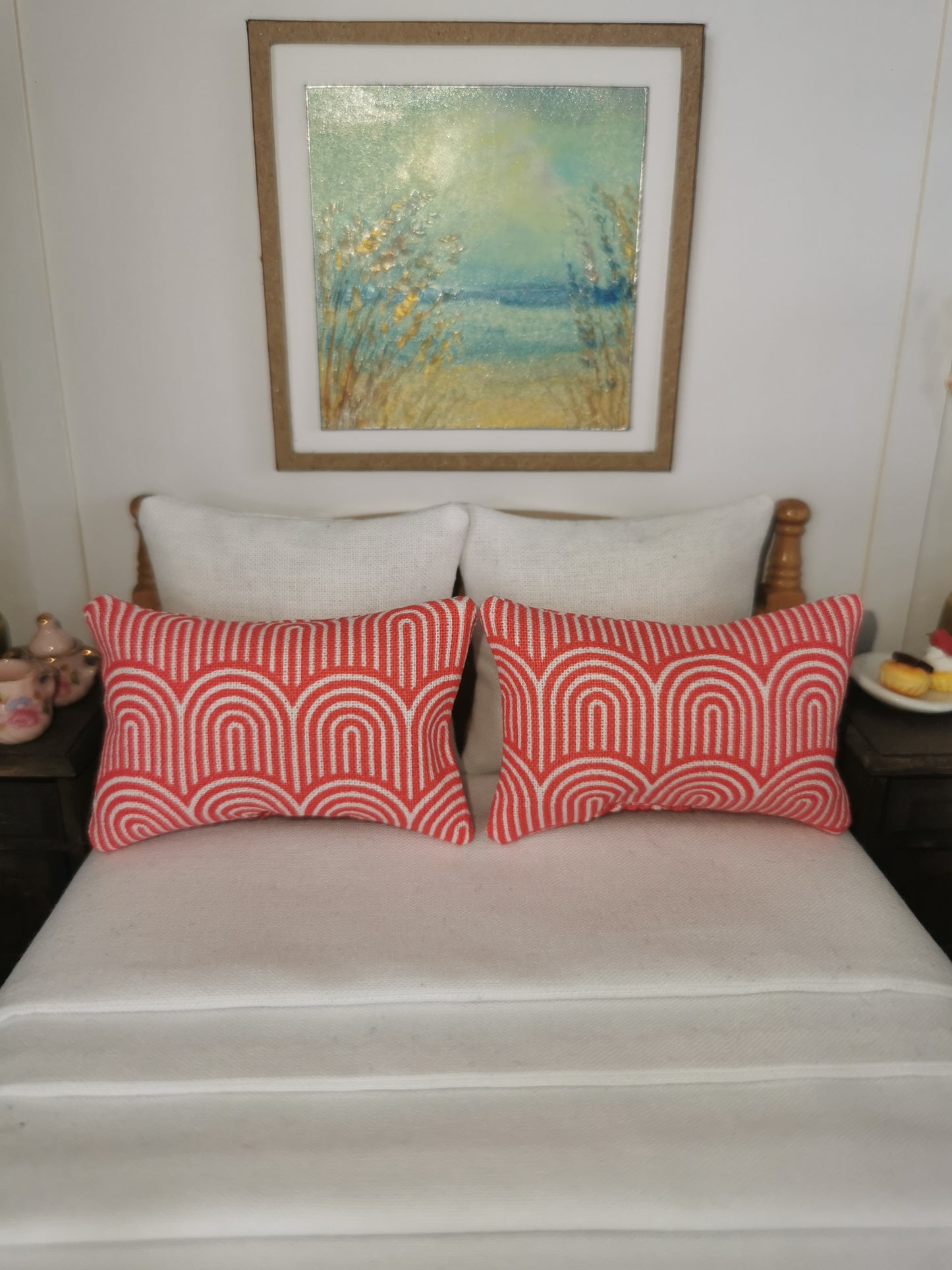 Red/White Geo Print Pillows | Set of 2 | 1:12th Scale | Handmade