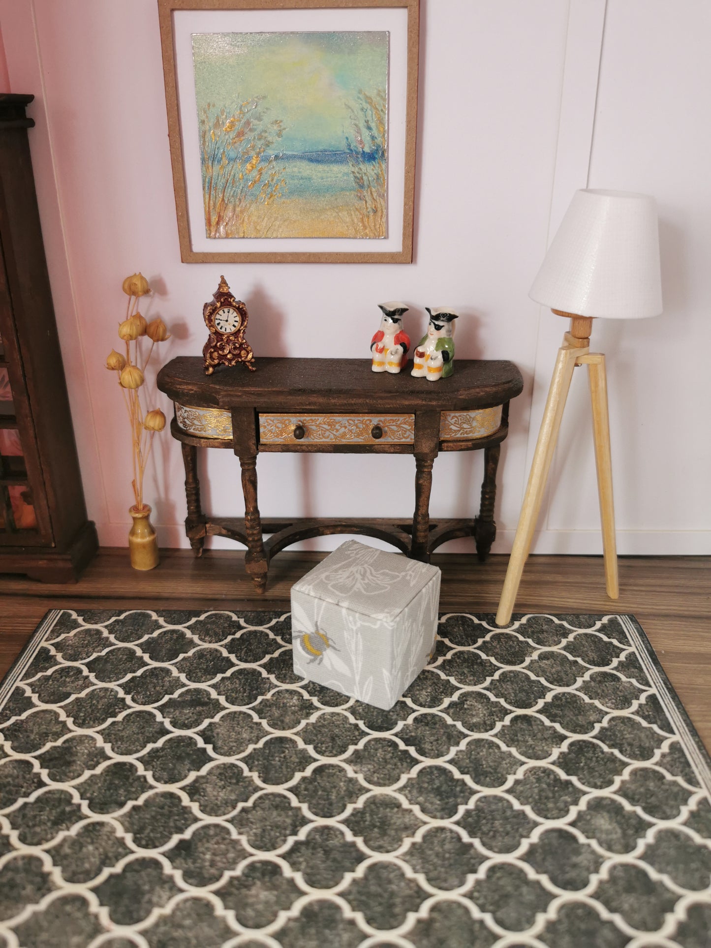 Grey/White Bee Print Cube Foot Stool | 1:12th Scale | Hand Finished