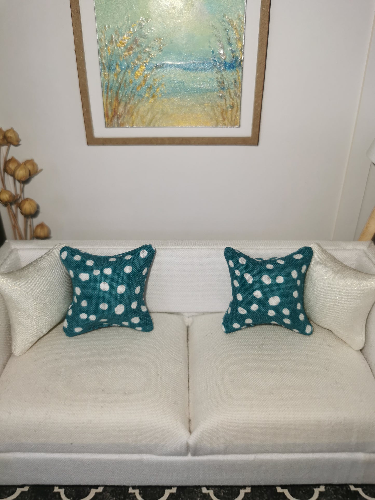 Teal/White Spot Print Cushion | 1:12th Scale | Handmade