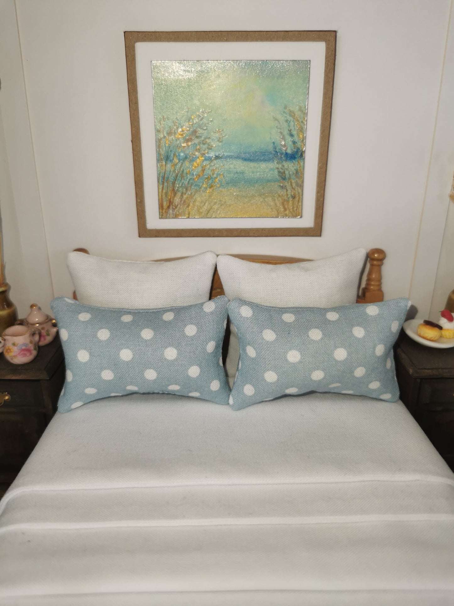 Light Blue/White Spot Print Pillows | Set of 2 | 1:12th Scale | Handmade