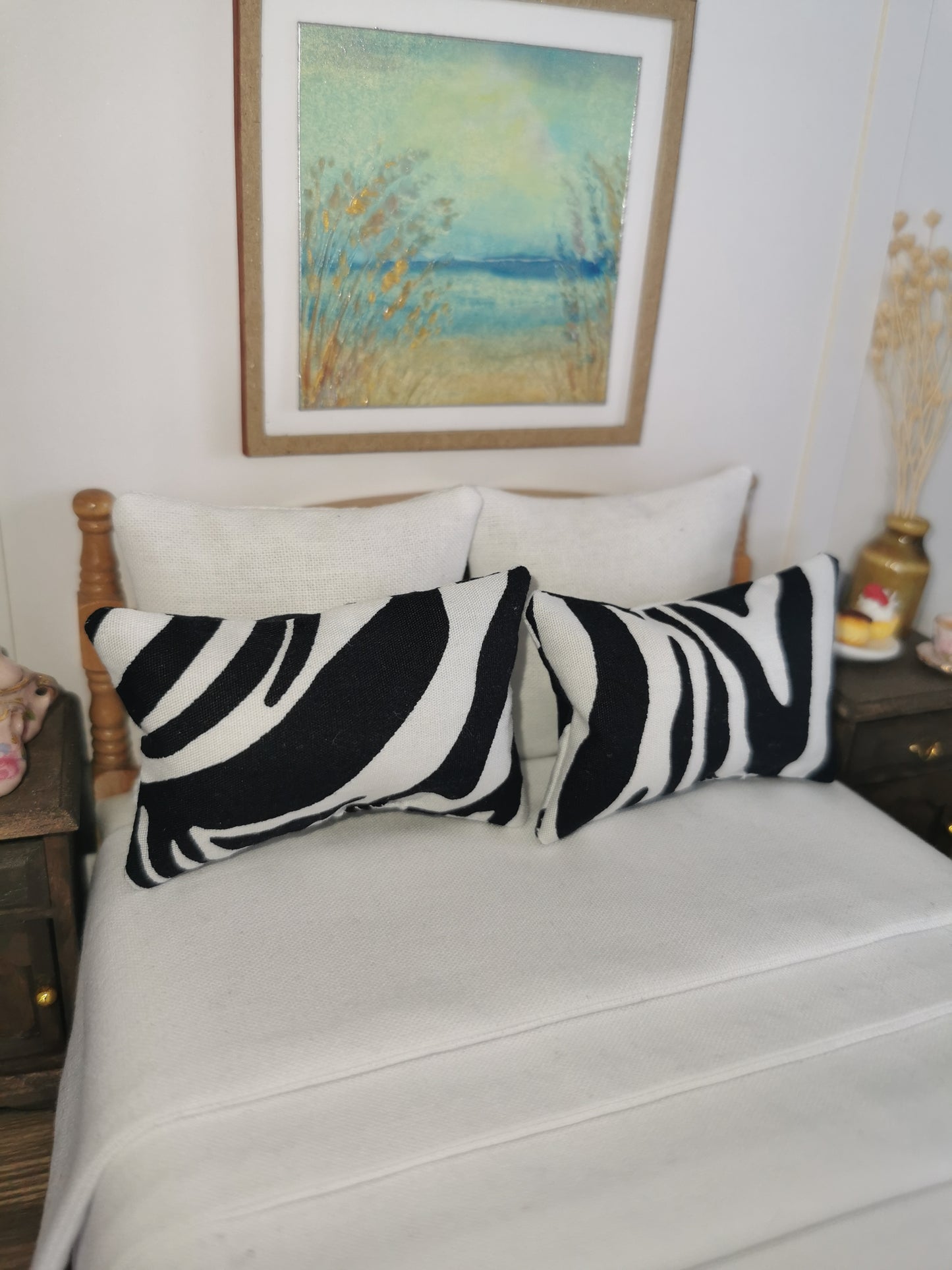 White/Black Zebra Print Pillows | Set of 2 | 1:12th Scale | Handmade