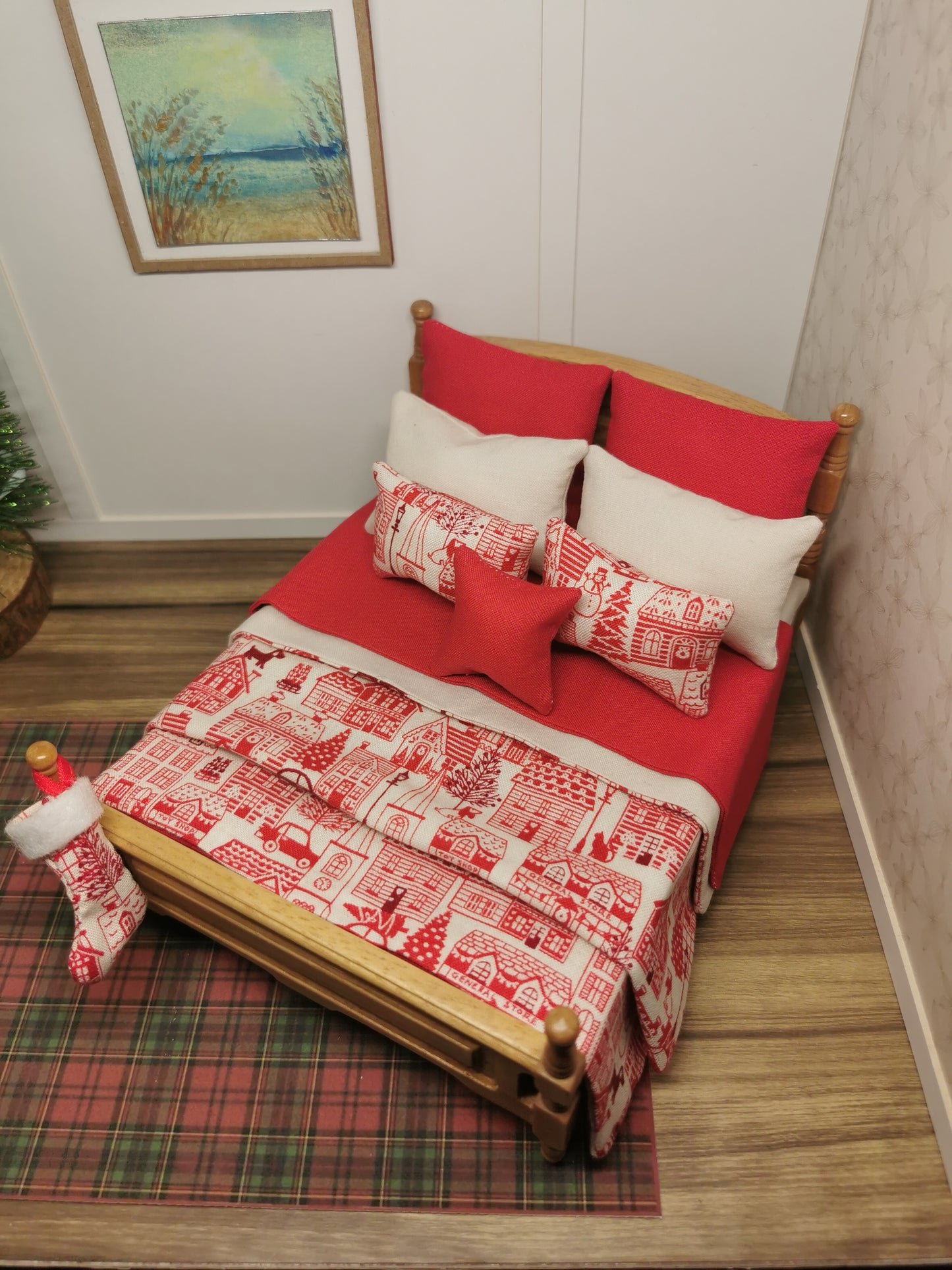 Red & Cream House Christmas Double Bed Linen Set | 1:12th Scale | Handmade