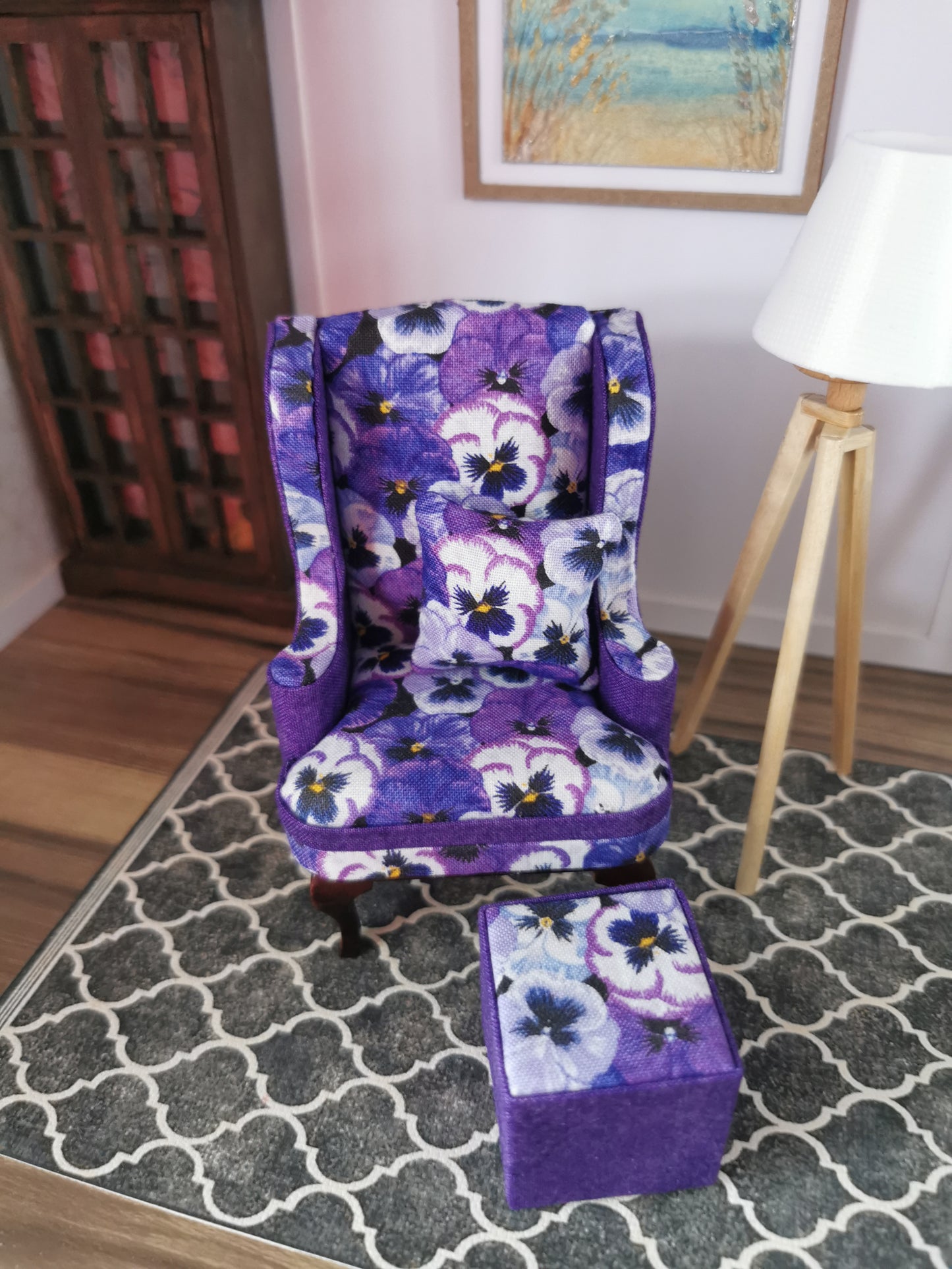 Purple Pansy Wingback Chair & Foot Stool | 1:12th Scale | Hand Finished