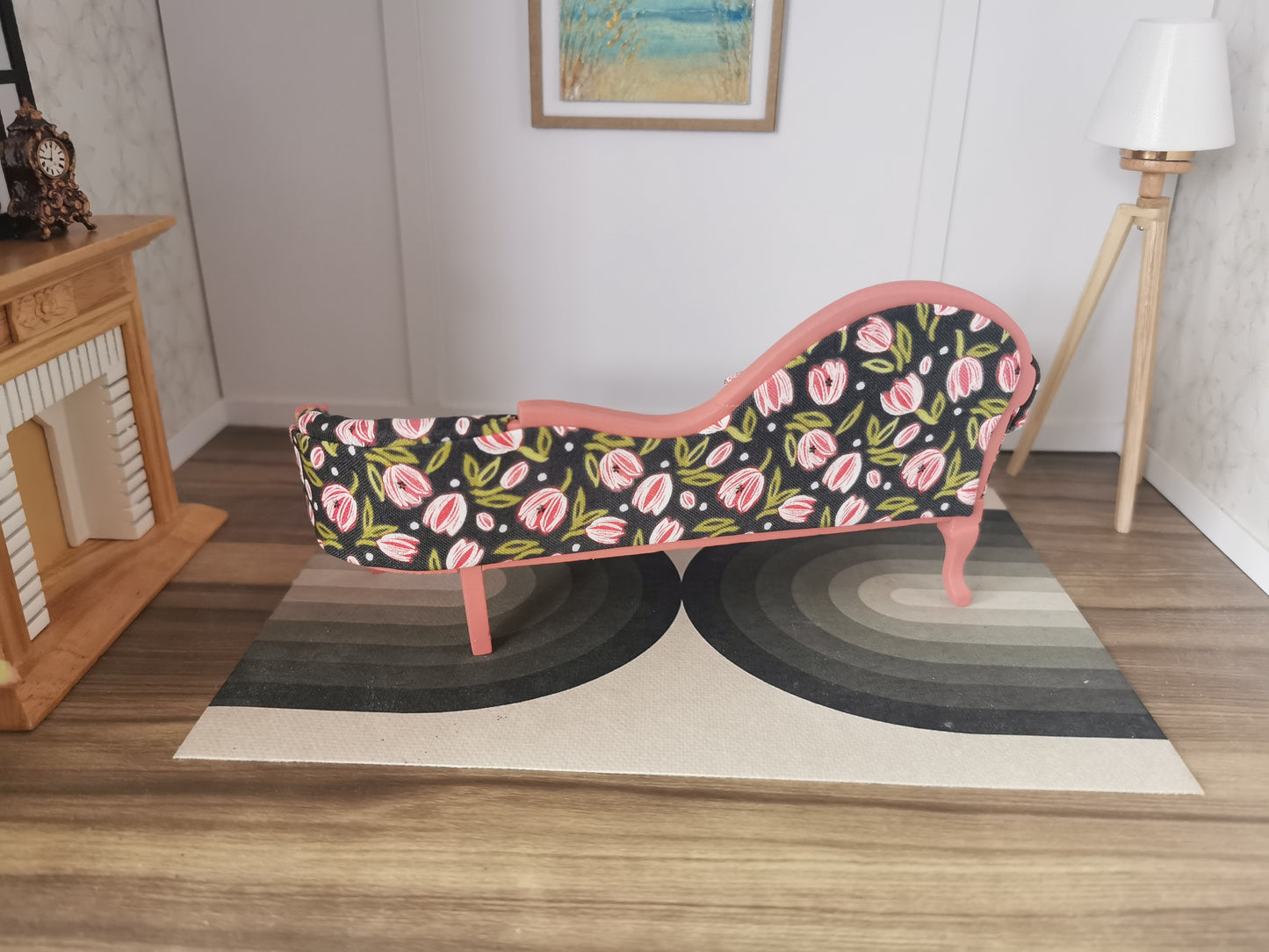 Chaise Longue in Pink & Navy Tulip Print Fabric | 1:12th Scale | Hand Finished