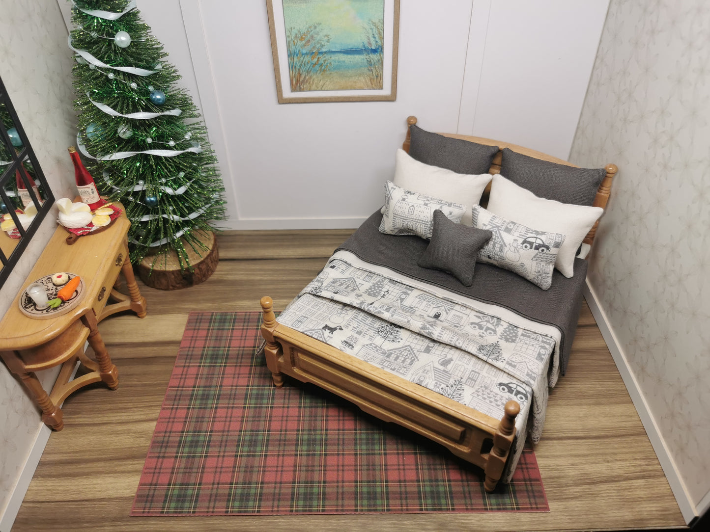 Grey & Cream House Christmas Double Bed Linen Set | 1:12th Scale | Handmade