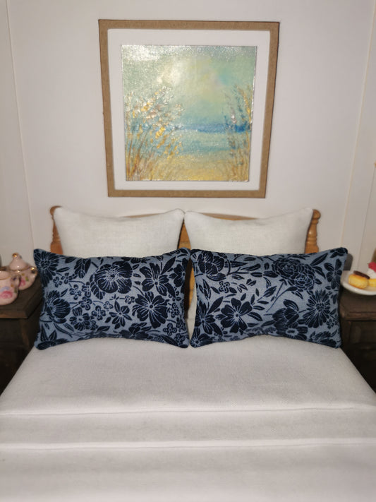 Blue/Navy Floral Print Pillows | Set of 2 | 1:12th Scale | Handmade