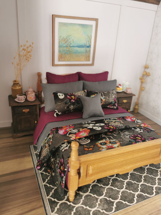 Plum/Grey Sugar Skull Halloween Print Bed Linen Set | Set of 9 | 1:12th Scale | Handmade