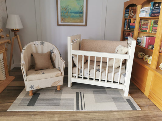 Baby Cot & Tub Chair Set in Neutral Moon & Stars Print | 1:12th Scale | Handmade & Hand Finished