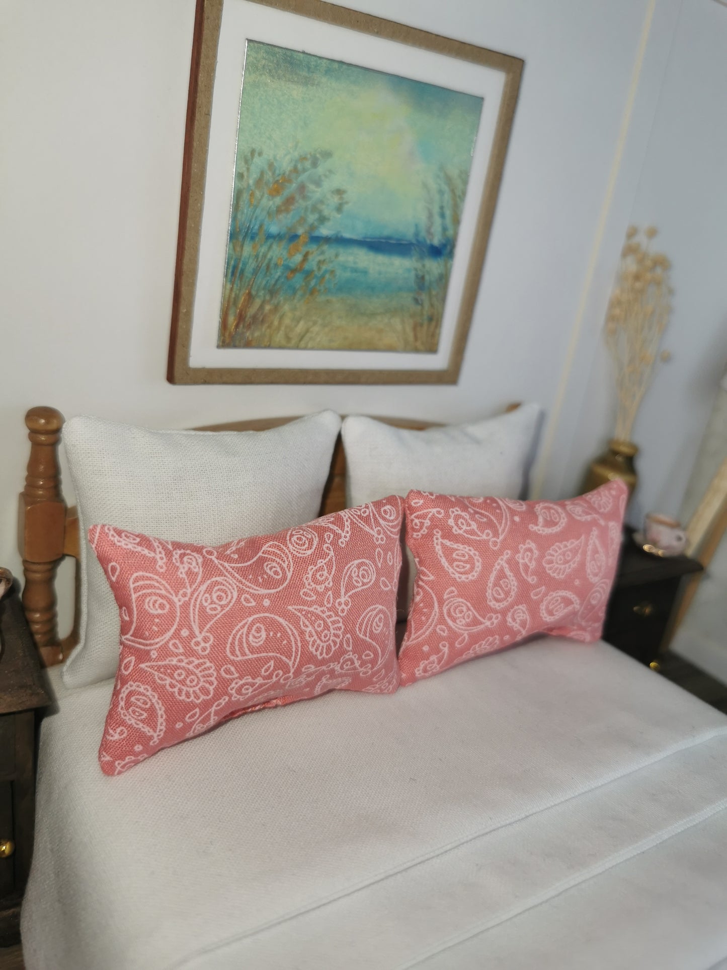 Pink/White Paisley Print Pillows | Set of 2 | 1:12th Scale | Handmade