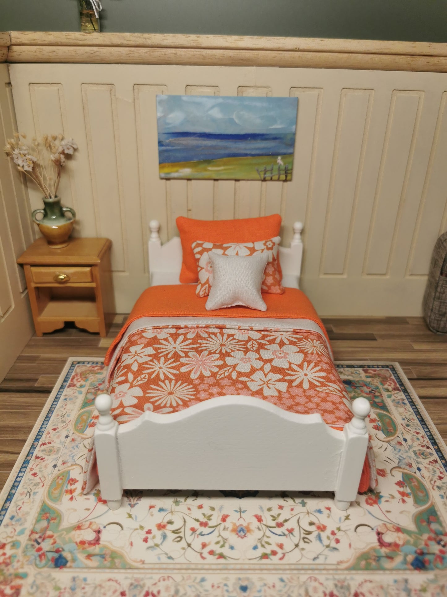 Single Bed in Off White & Orange Floral Print | 1:12th Scale | Hand Finished