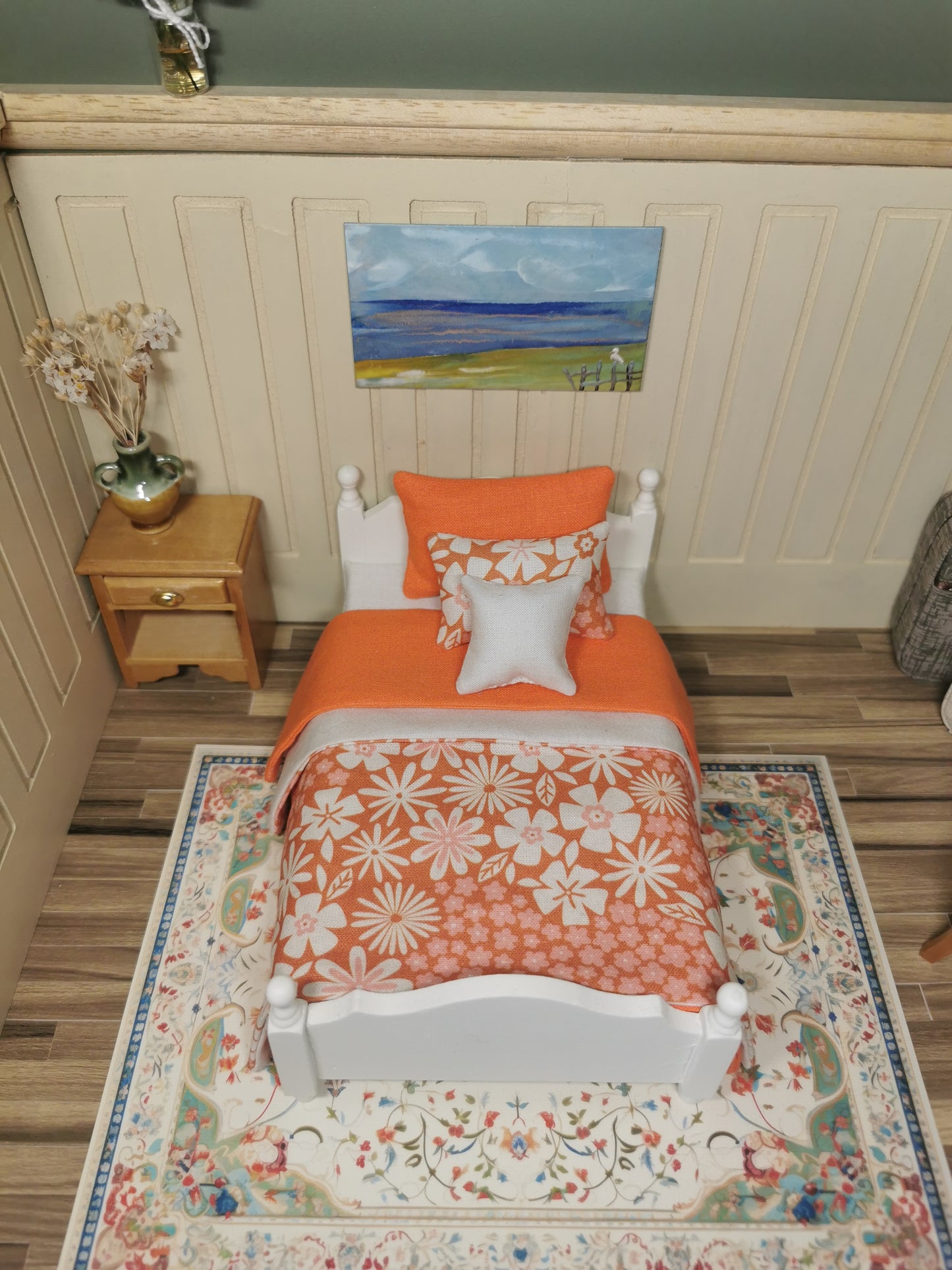 Single Bed in Off White & Orange Floral Print | 1:12th Scale | Hand Finished