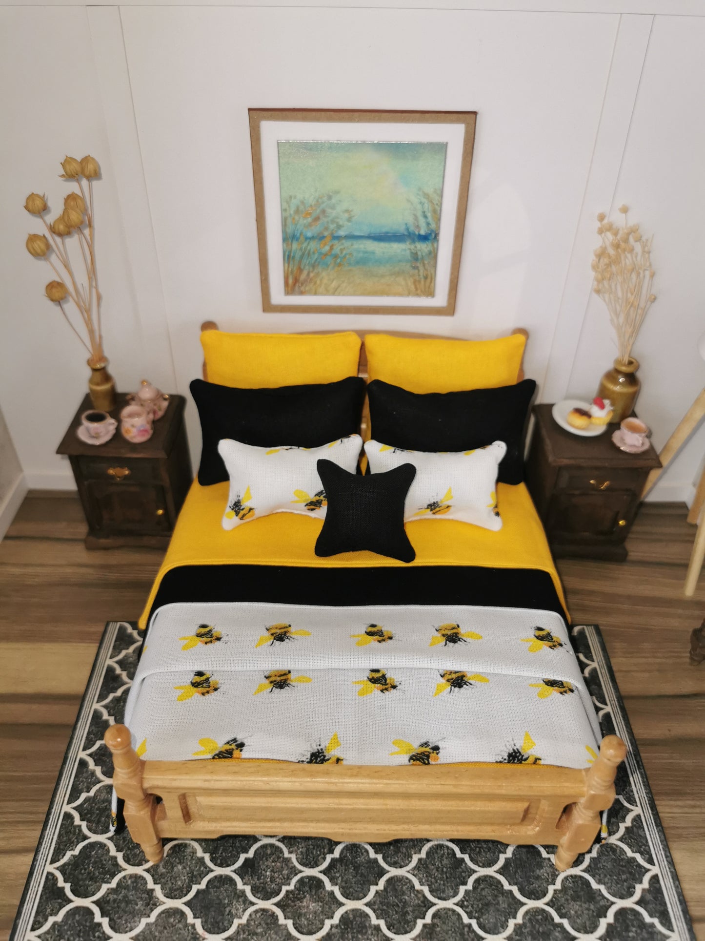 Black/Yellow/White Bee Print Bed Linen | 1:12th Scale | Set of 9 | Handmade