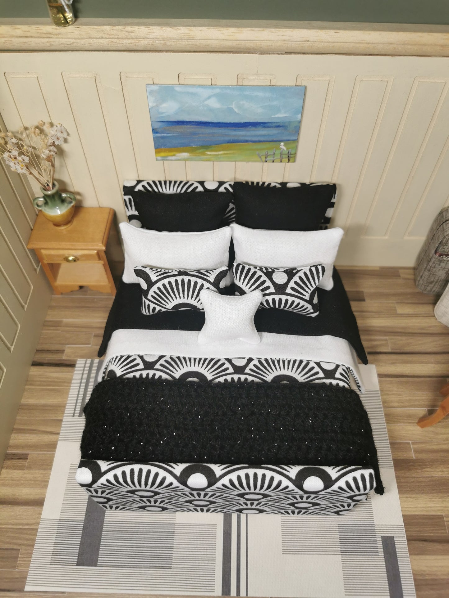 Double Bed in Black & White Fan Print | 1:12th Scale | Handmade