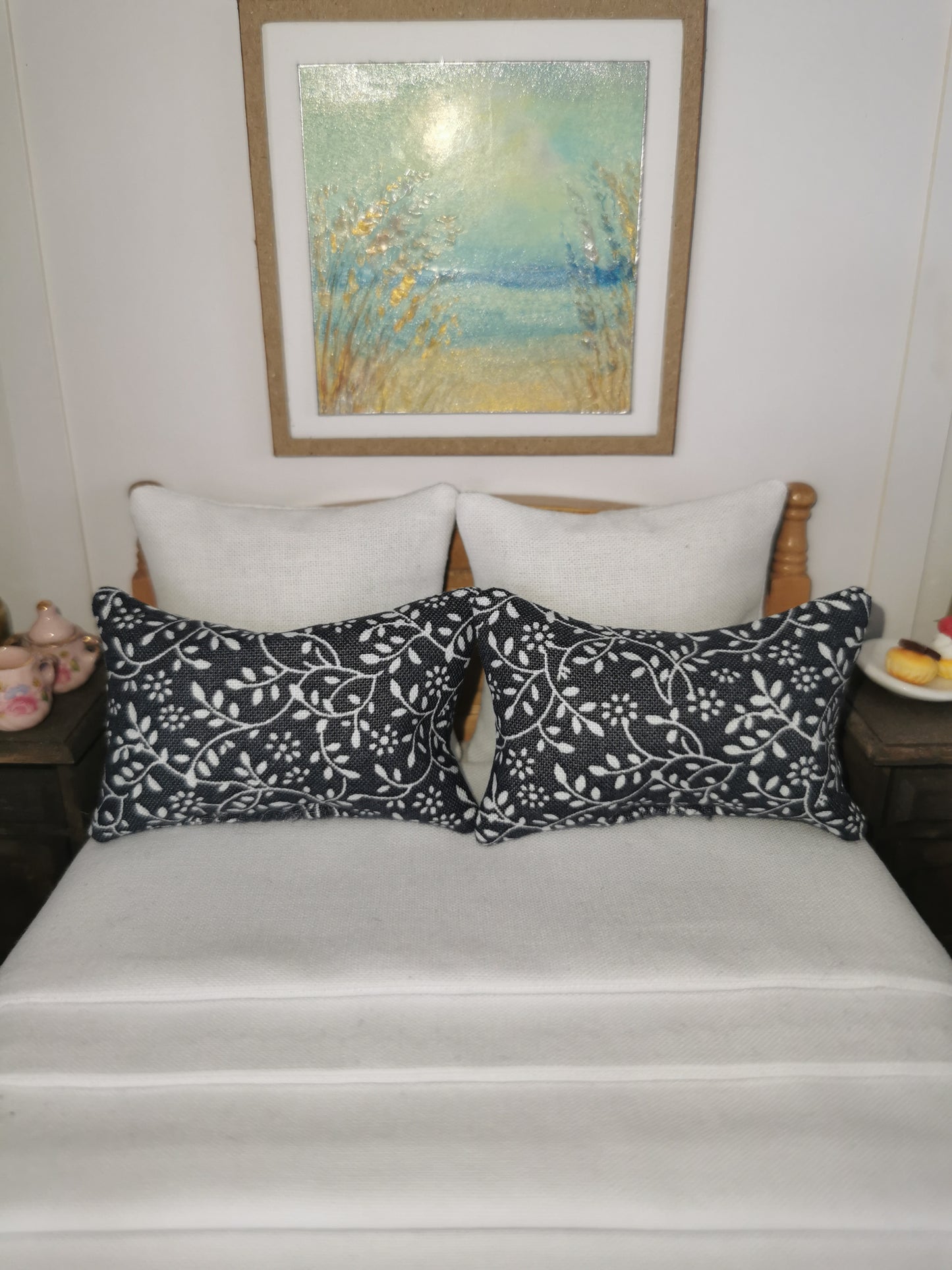 Grey/White Vine Print Pillows | Set of 2 | 1:12th Scale | Handmade